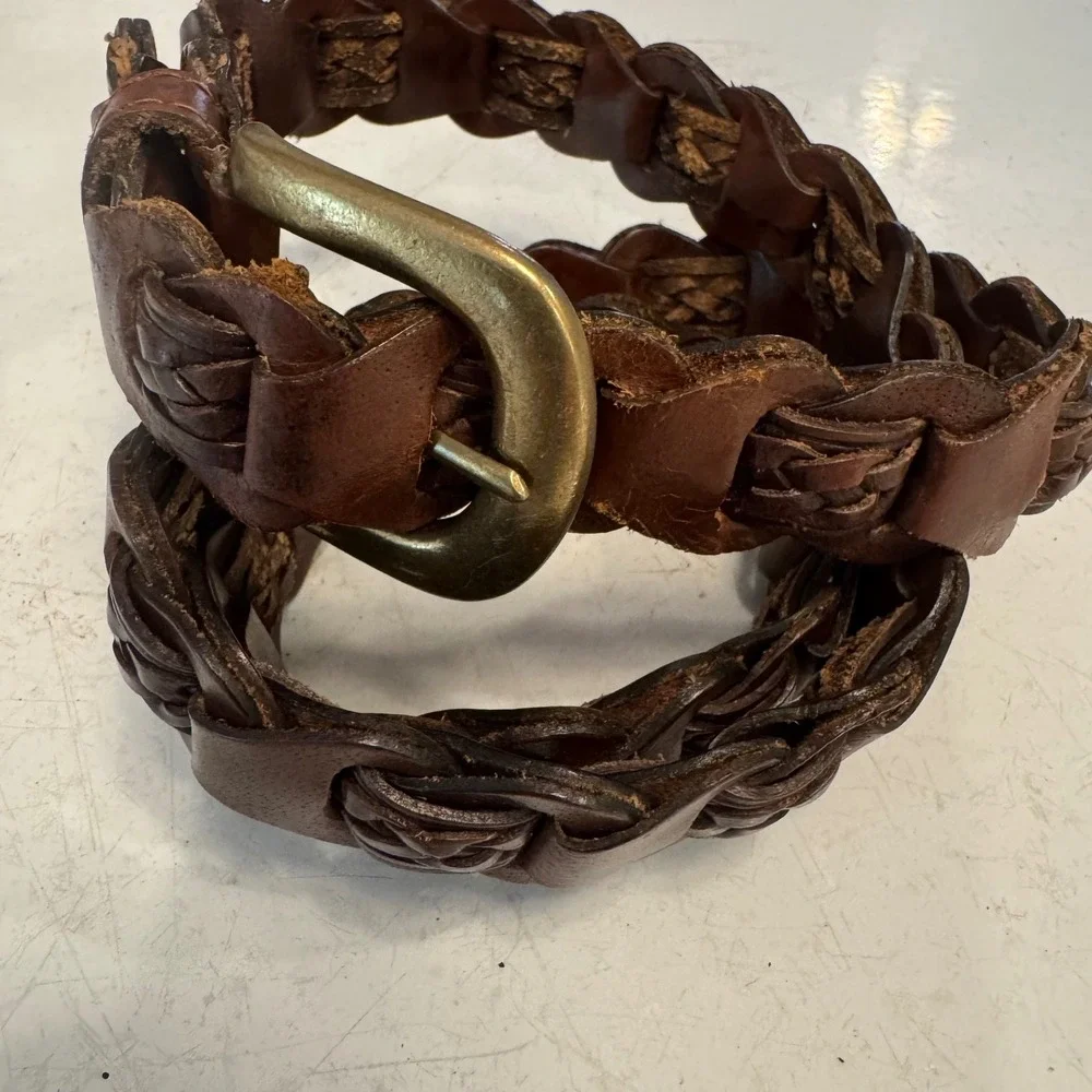 Genuine Leather Woven Belt Womens L Brown Braided Brass Buckle 99748